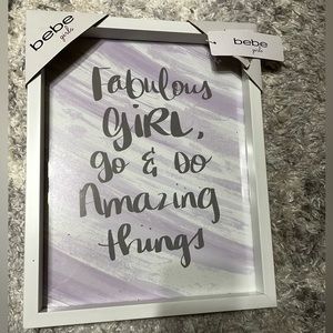 Bebe girls: wall decor NWT Glass with Wooden frame.